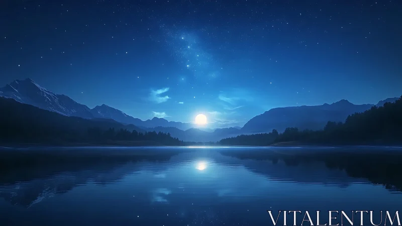 Moonlit mountain lake under deep blue starry sky.