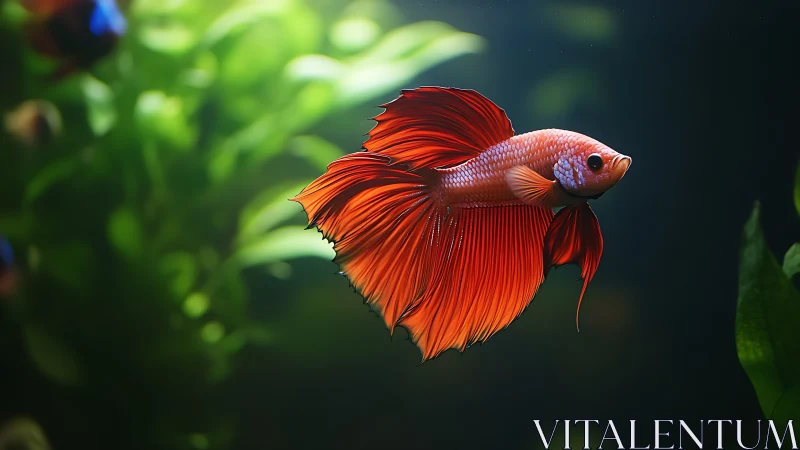 Graceful betta fish glides through softly lit green aquarium