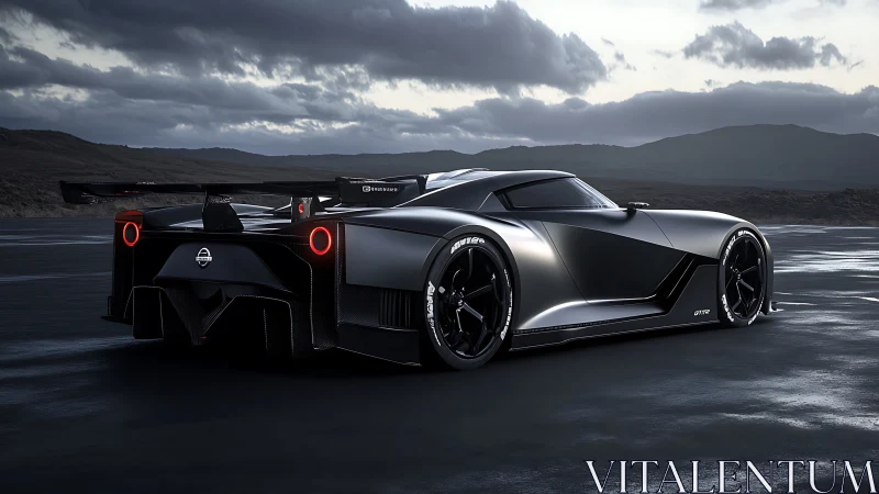 Midnight hypercar prowling storm-lit salt flats in silence.