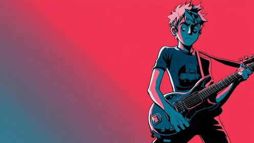 Stylized rock guitarist rendered in bold neon duotone.