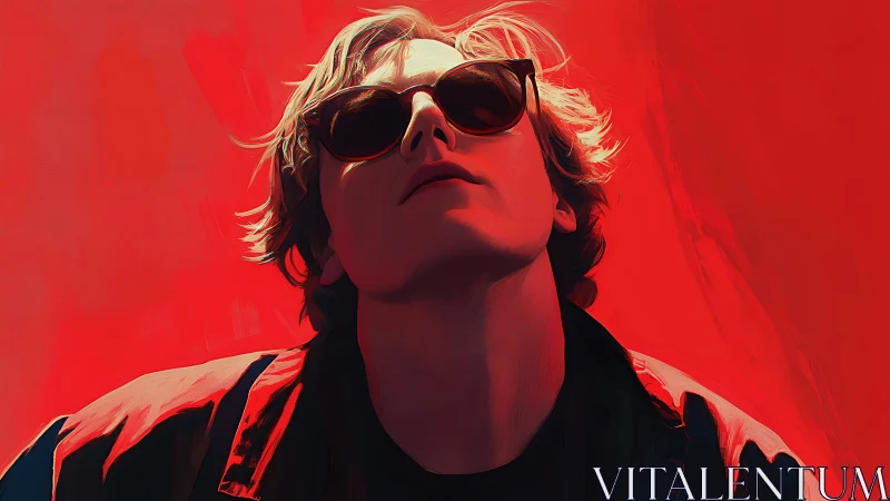 Defiant youth in sunglasses rises against a blazing red haze