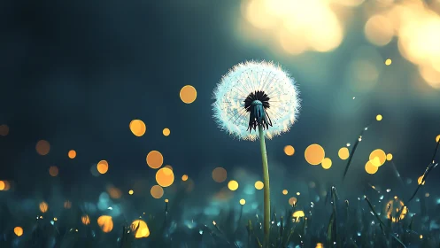 Backlit dandelion head isolates against teal bokeh field