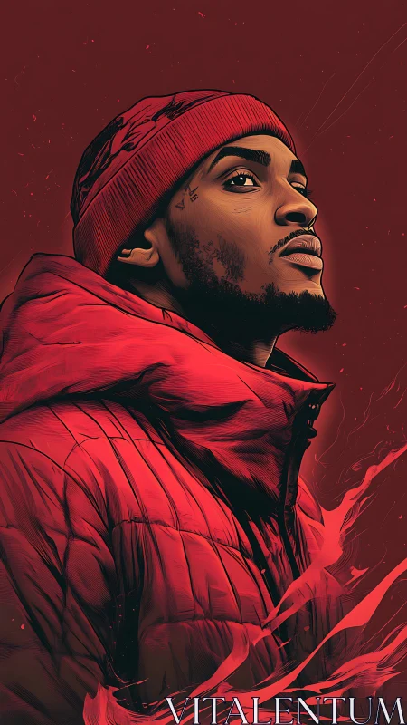 Crimson city dreamer wrapped in winter courage and light.