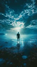 Solitary dreamer wading toward a glowing horizon of light.