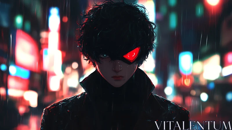 Hooded figure with red eye visor in rainy neon city street.