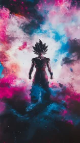 Celestial warrior ignites nebula storm in electric silence.