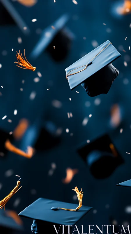 Graduation caps flying upward against deep blue background.