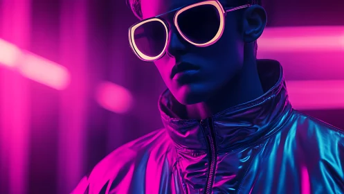 Neon lit portrait of person in reflective jacket and glasses.