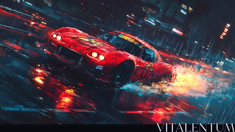 Red race car on wet neon city street during rainfall.