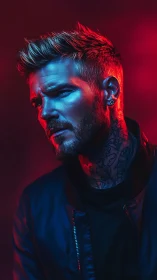 Male portrait under blue and red directional lighting.