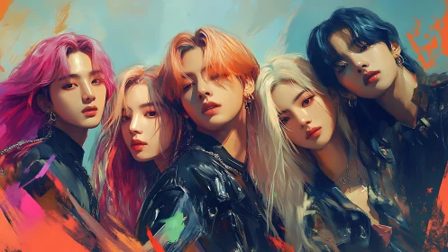Neon-haired idols in vivid digital portrait ensemble.