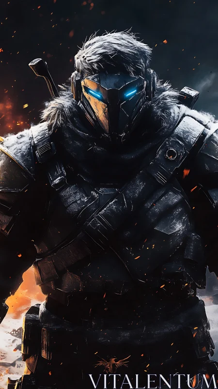 Lone cyber warrior stands calm amid sparks and shadow.