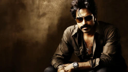 Confident man in sunglasses sits in warm golden light