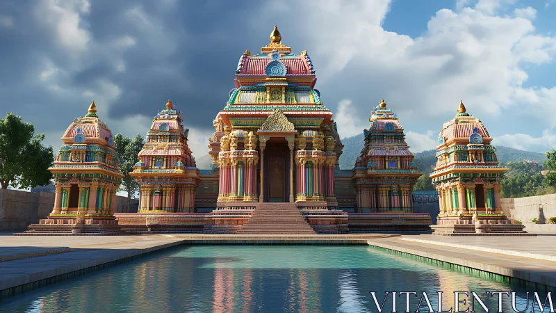 Colorful temple complex with central tower by reflecting pool.