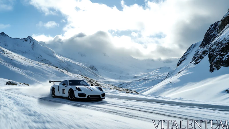 White GT race car powers through dramatic alpine snow circuit.