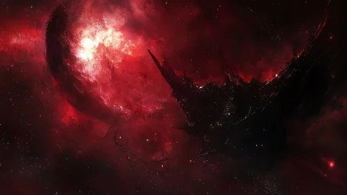 Crimson nebula engulfs a shattered dark planet in deep space