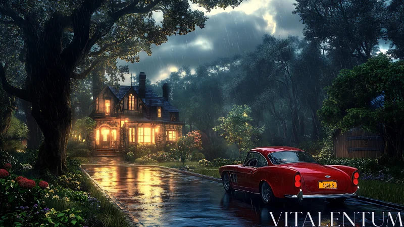 Cozy forest cottage and vintage red car on a rainy evening.