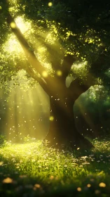 Sunlit guardian tree scattering golden forest whispers.