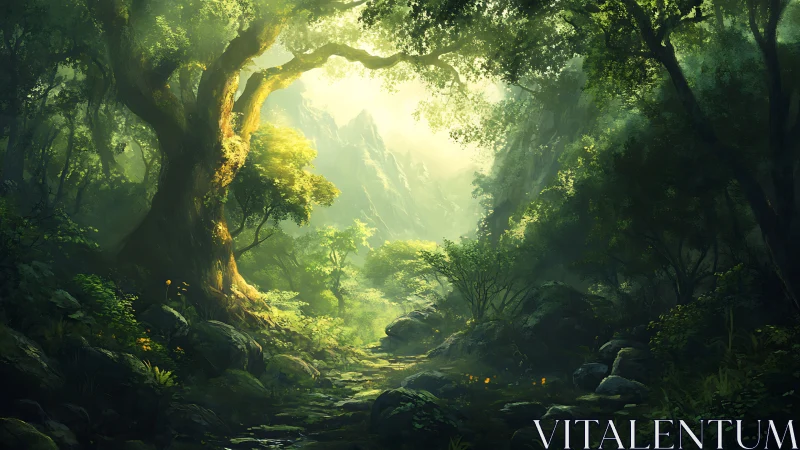 Forest corridor with ancient trees and distant mountains