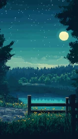 Pixel night landscape frames a tranquil lakeside moonrise.