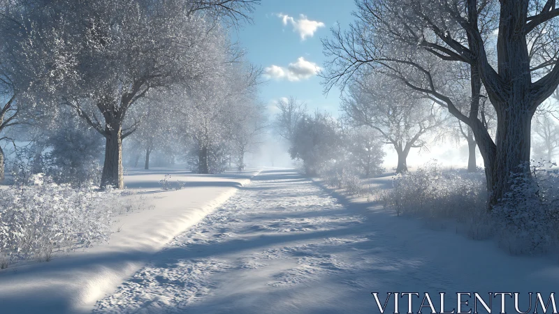 Gentle winter path stretches softly beneath frosted trees