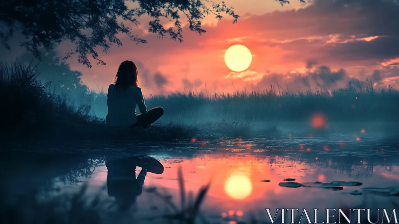 Solitary figure at misty lakeshore observing vivid sunset