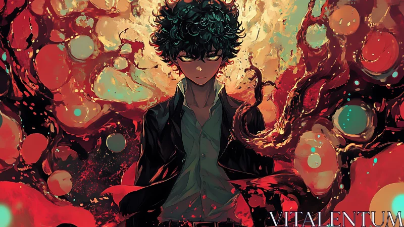 Curly haired anime boy stands amid swirling molten shapes