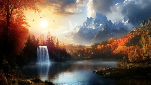Mountain lake landscape shows waterfall, forest and sunset