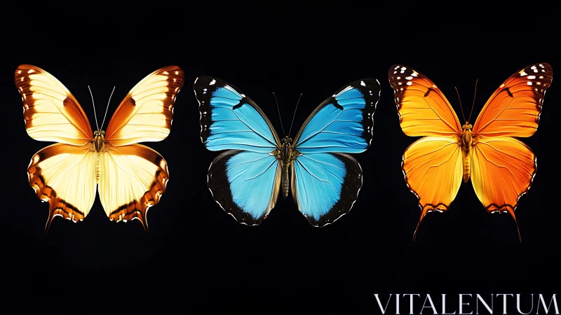 Vibrant trio of butterflies glows against deep black background