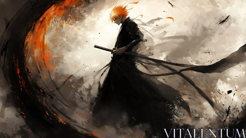 Stormborne swordsman carved from swirling ember shadows.