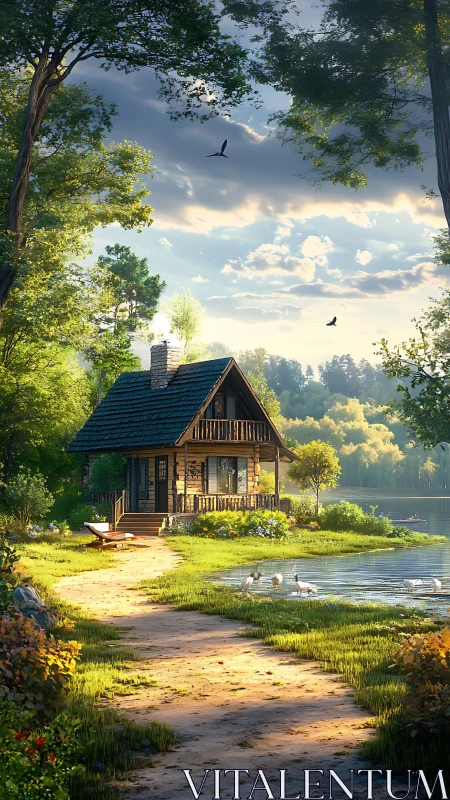 Sunlit lakeside log cabin with balanced depth, light, and foliage