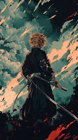 Storm-walker swordsman strides through blazing painted skies.