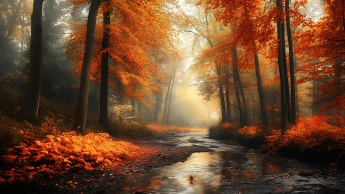 Autumn forest pathway with stream and deciduous canopy.