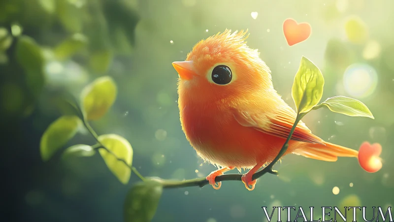 Cute orange cartoon bird on branch in dreamy, whimsical style.