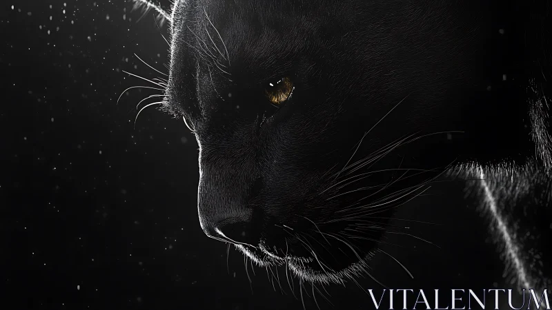 Black Cat Profile with Amber Eyes Against Dark Background