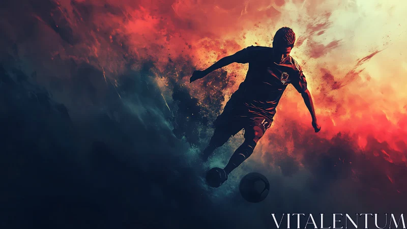 Blazing soccer player surges through swirling fiery color storm