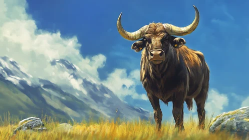 Strong horned bull standing in bright mountain meadow.