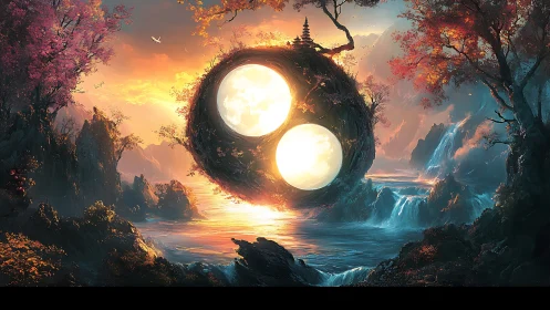 Spherical dual-light structure over river valley at sunset.