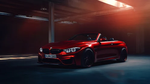 Sleek red convertible resting in a pool of soft sunset light.