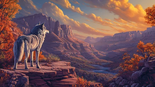 Lone gray wolf surveys vast autumn canyon at sunset
