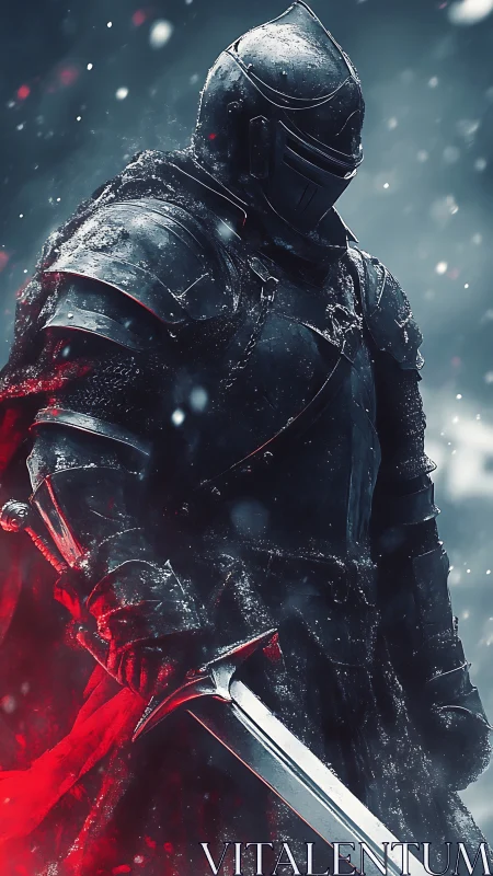 Digital painting of armored dark knight with glowing red cloak.