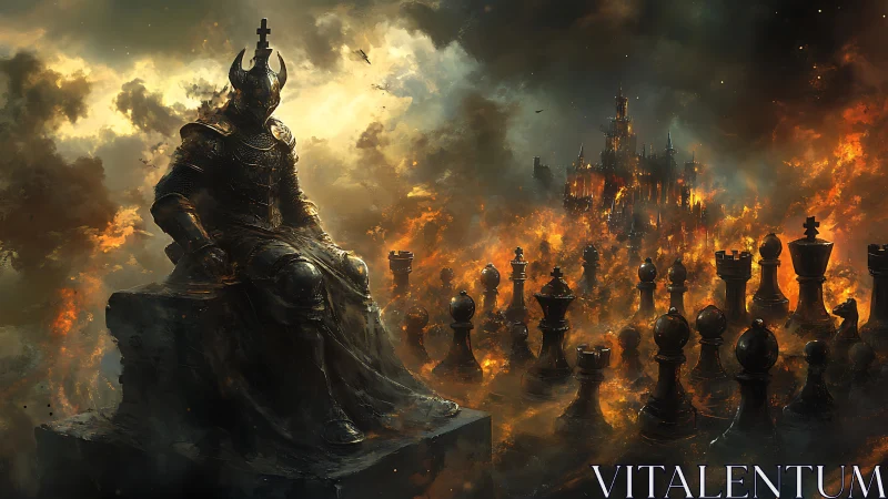 Dark chess king watching a fiery battlefield in silence.