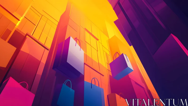 Vibrant Shopping Bags in Abstract Cityscape, Digital Art Style. Vibrant Shopping Bags in Abstract Cityscape, Digital Art Style.