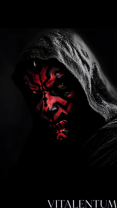 Hooded red‑black masked figure glares from deep shadows.