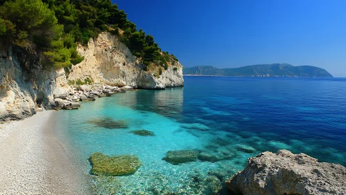 Mediterranean Cove with Limestone Cliffs and Turquoise Waters.
