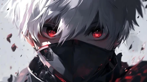 Masked white haired fighter stares forward with glowing eyes