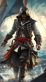 Stormlit rogue strides through shattered sea spray toward battle