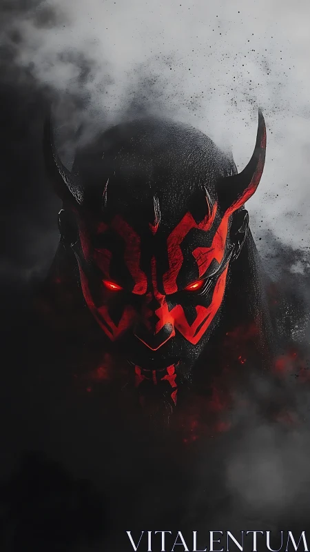 Horned red-black masked figure emerges from dense smoke