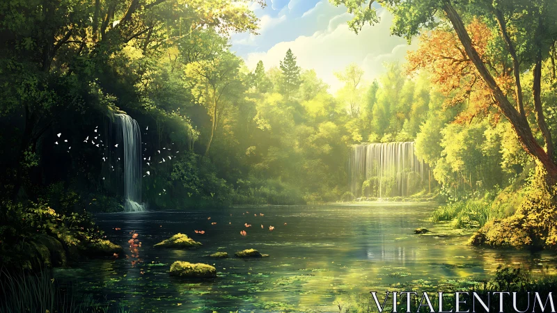 Sunlit forest lagoon with twin waterfalls and misted glow.