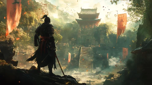 Armored figure surveys terraced temple complex in valley